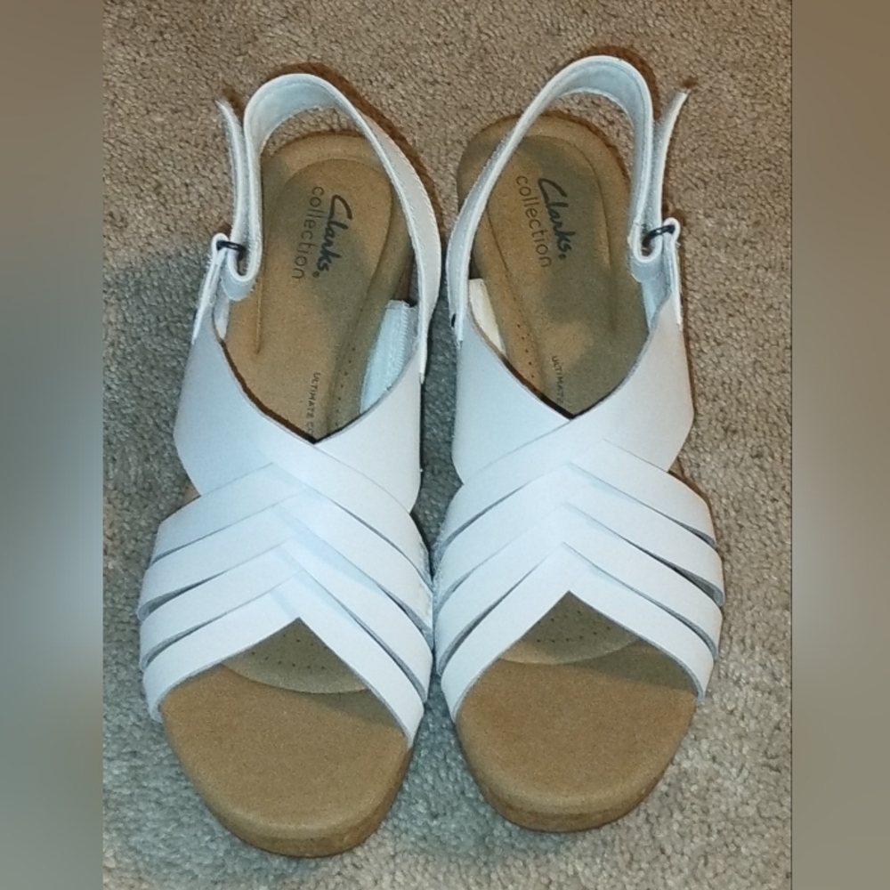 Clarks Giselle Ivy Wedge Sandals White Leather 11M. New With Box